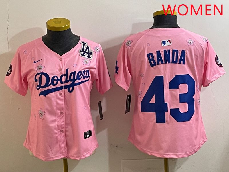 Women Los Angeles Dodgers 43 Banda Pink White Blue Sakura Edition 2025 Nike MLB Jersey style 9